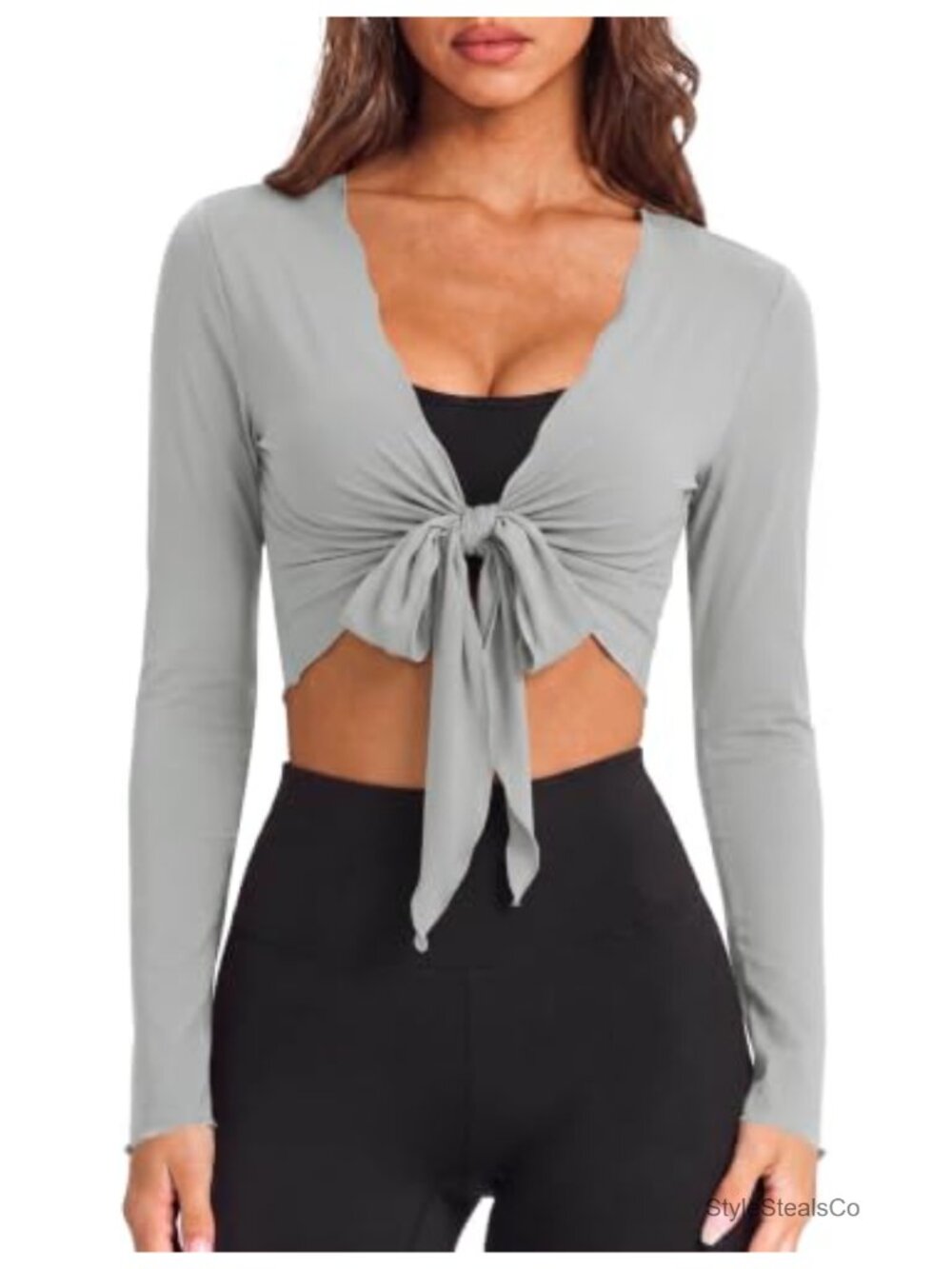 Women's Ballet Wrap Top Self Tie V Neck Long Sleeve Cropped Athletic